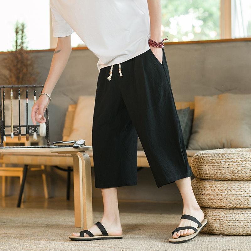 Summer Capris Men's Thin Casual Pants Loose Oversized Straight Leg Pants Cotton Linen Beach Shorts