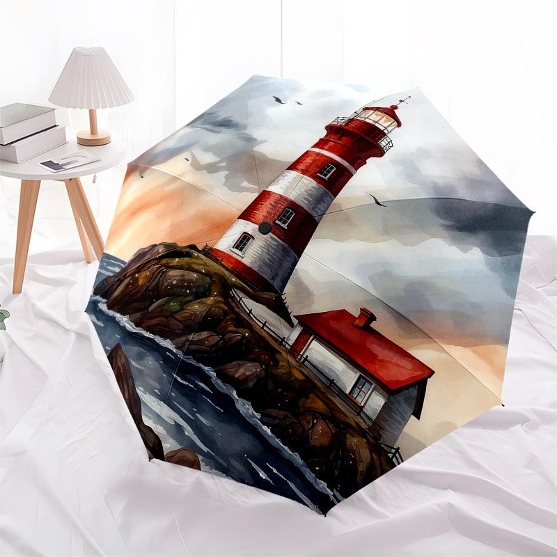 1pc Lighthouse Sea Automatic Folding Umbrella, Heavy Duty 8 Rib Iron Frame,  Suitable for Travel, Daily Use, Birthday, Decor Gift M0105115