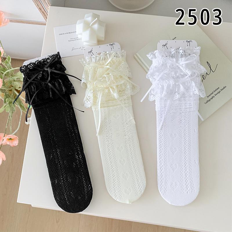 Lace Bow Socks for Women Spring and Summer, Thin Lolita Mid-calf White Ballet-style Mary Jane Pile Socks