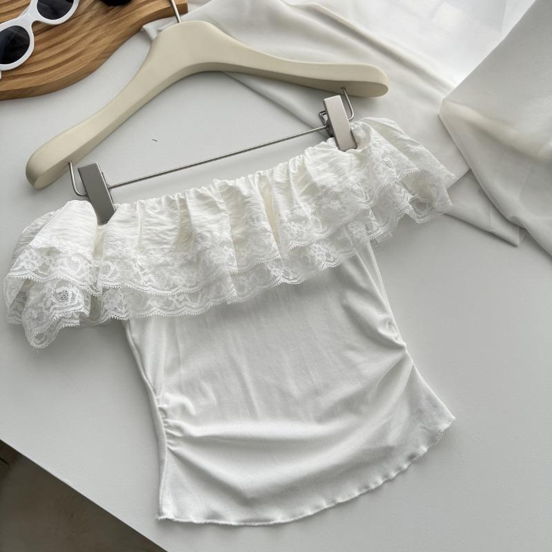 

Ruffled Sloped Collar One-shoulder Short-sleeved T-shirt for Women Summer Lace Edge Slim Pure Lust Sexy Short White Top S белый