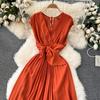 Sommer Neues Französisches Chic Maxikleid Damen V-Ausschnitt Ärmellos Schnürung A-Linie Falten Damenkleider Damen