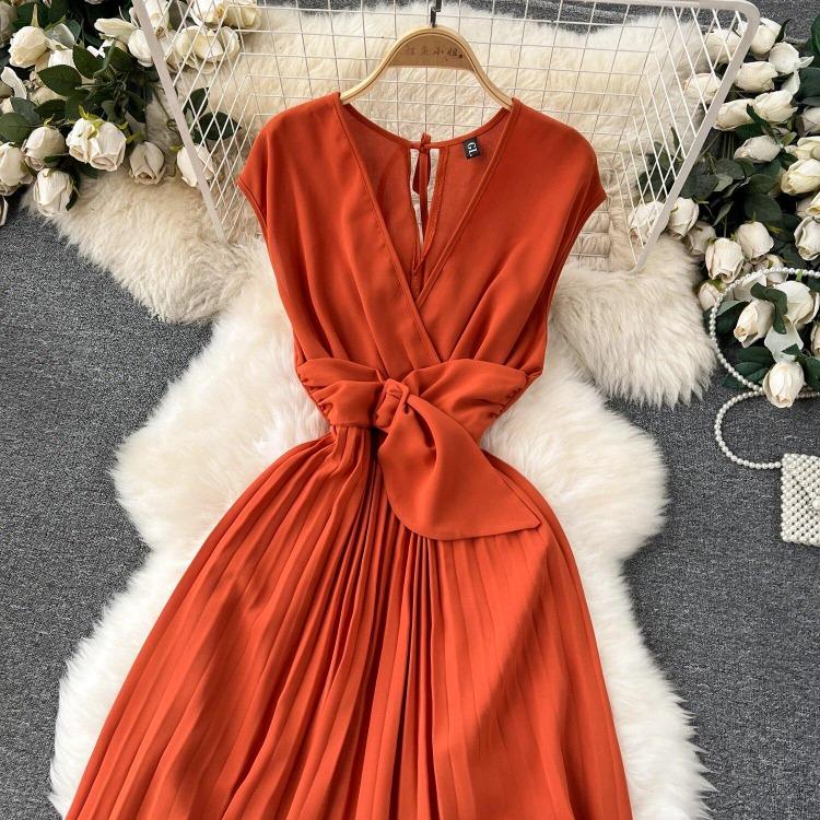 Sommer Neues Französisches Chic Maxikleid Damen V-Ausschnitt Ärmellos Schnürung A-Linie Falten Damenkleider Damen