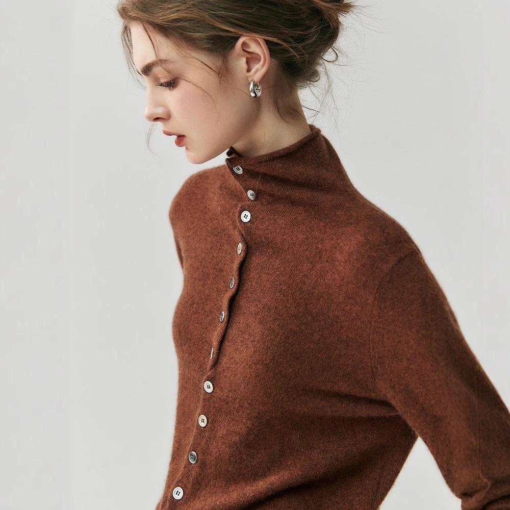 2026 Autumn/Winter Women's Reversible Cashmere High Neck Cardigan - Rolled Edge, Casual, Skin-Friendly Knit Sweater