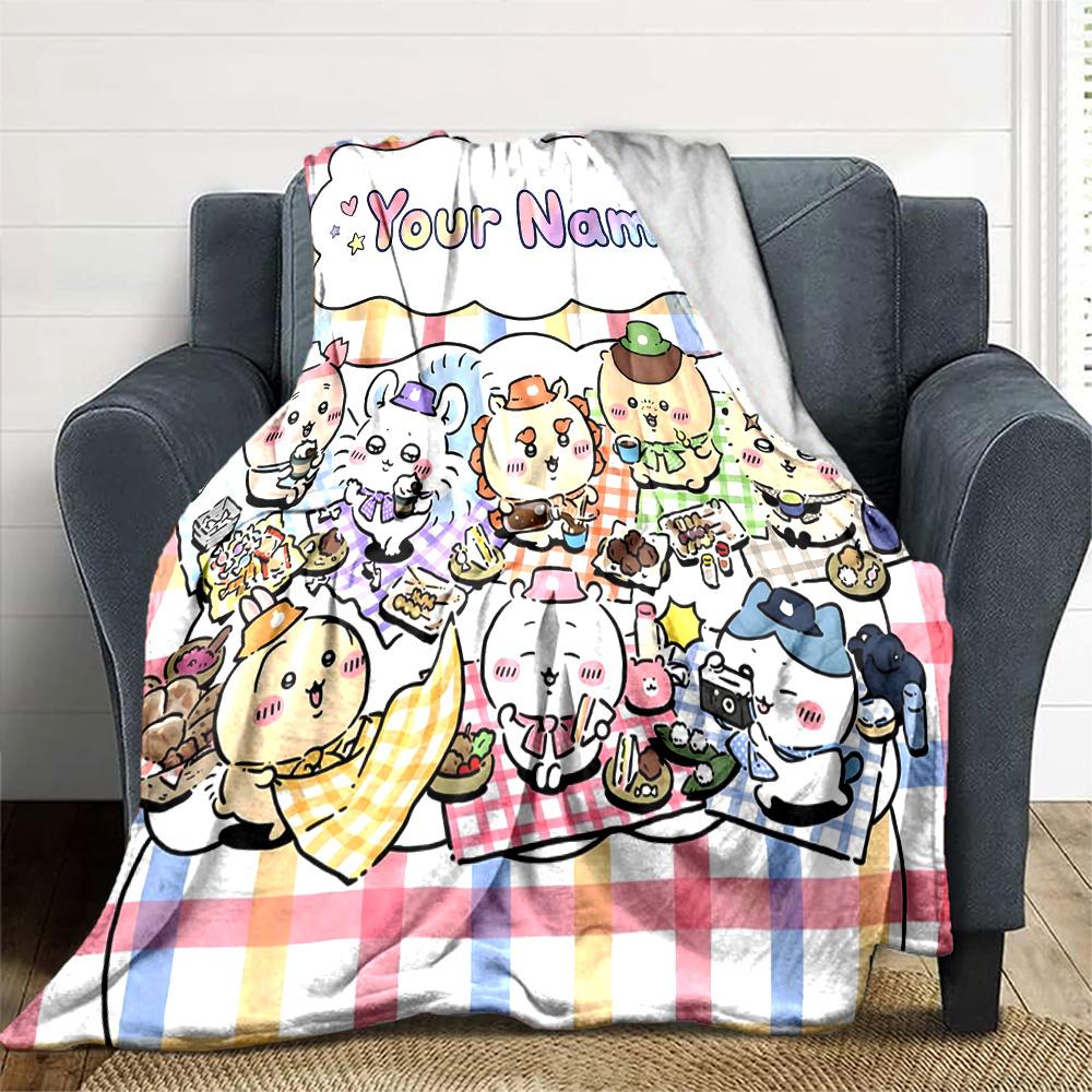 1pc Chiikawa Blanket with Custom Name, Gift, for Men and Women, Soft Blanket, Good for Sofa Bed Couch Travel, Lightweight Flannel Blanket