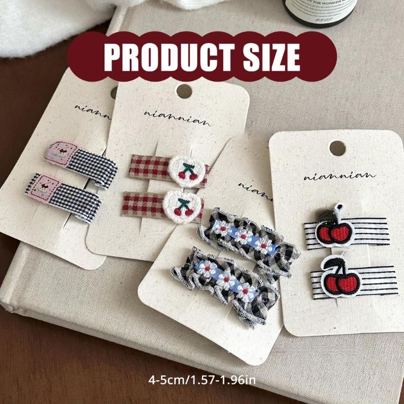 1pair Vintage Check Pattern Hairpin Flower Embroidery Fabric Kid Hair Clip for Children's Parties