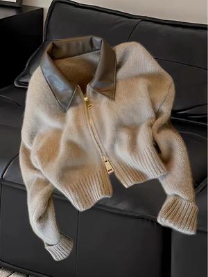 Ευρωπαϊκό Πλεκτό Πόλο Καρτιγκάν Υψηλής Ποιότητας με Διπλό Φερμουάρ και Δέρμα - Παλτό-Πουλόβερ από Μαλλί Ρακούν για Γυναίκες