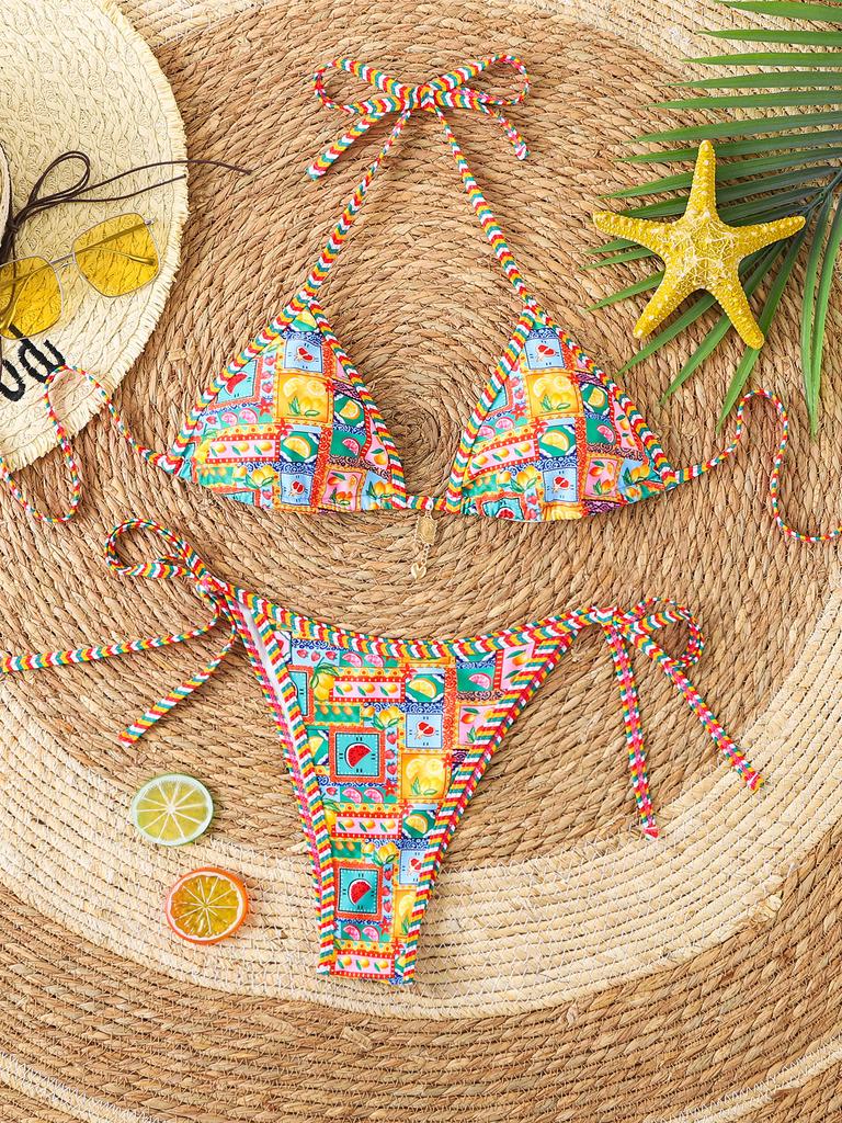 Triangle Cup Print Sexy Bikini Split Swimsuit