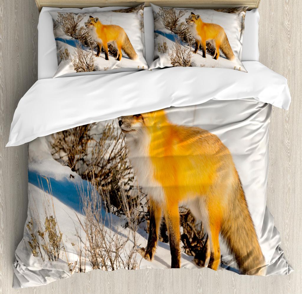 Cartoon Fox Duvet Cover King Size,Baby Fox Sleeping In A Floral Circle Image Print Bedding Set Kids Animal Quilt Cover