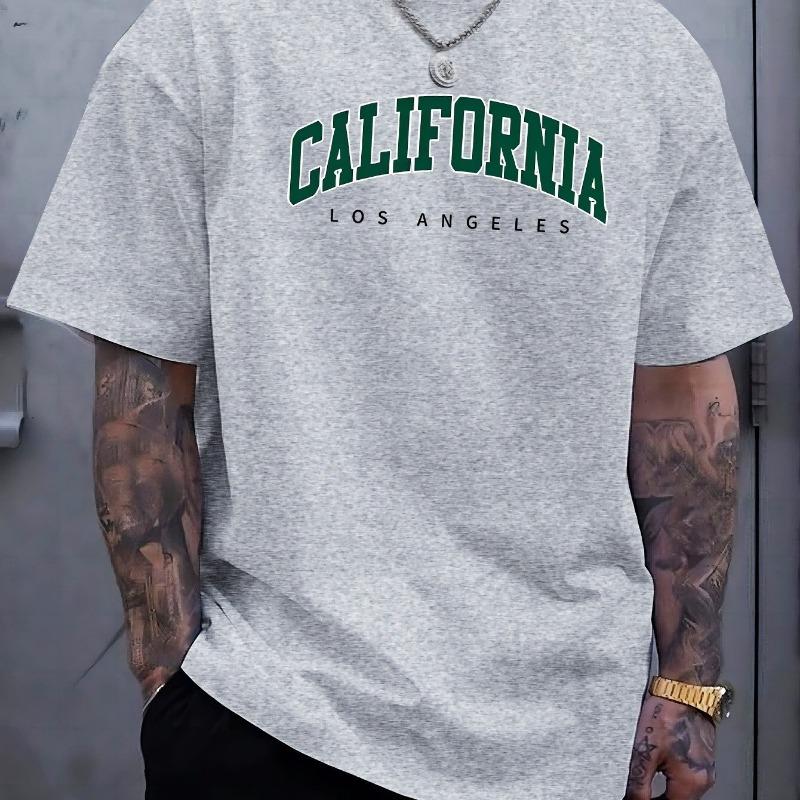 Summer Men's 100% Cotton Casual Sports Loose Large California Letter Printed Comfortable Round Neck Short Sleeve T-shirt Top