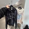 Matin Kim Womens Vintage Distressed Zip Hoodie Loose Fit Letter Print Streetwear Jacket Fall 2026