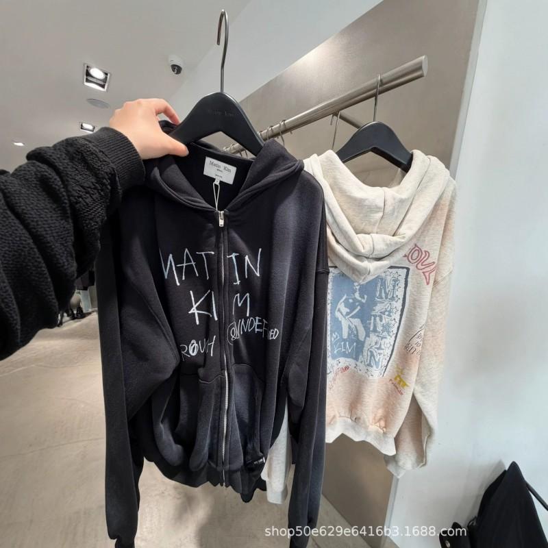 Matin Kim Womens Vintage Distressed Zip Hoodie Loose Fit Letter Print Streetwear Jacket Fall 2026