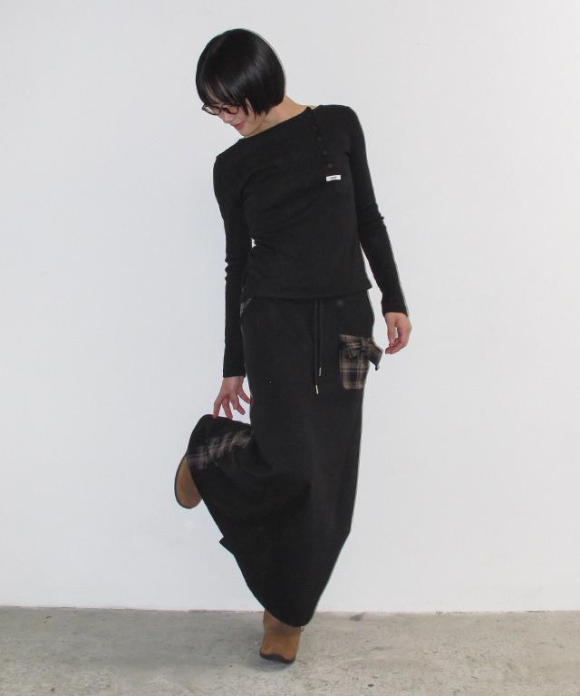 Ronron Side Check Ribbon Pocket Maxi Skirt Black
