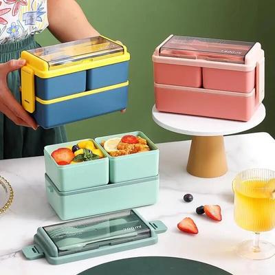 2-warstwowy przenośny szczelny lunch Bento Box dla dzieci, studentów, zestaw obiadowy do mikrofalówki, widelec, łyżka, pojemnik do przechowywania żywności, biuro