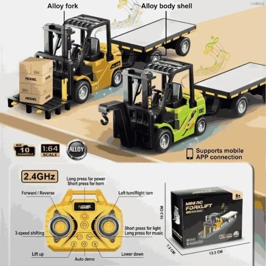 1:64 Mini Remote Control Alloy Excavator Truck Forklift with Trailer Worktop Bluetooth 2.4GHz RC Car Child's Toy Holiday Gifts