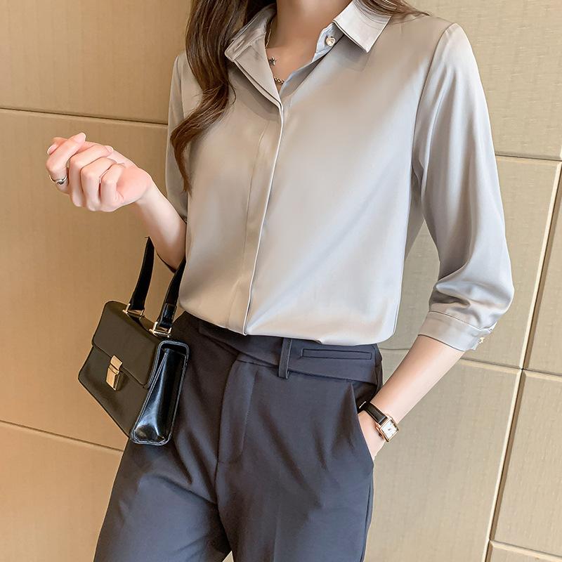 Langarmshirt Damen Frühling Herbst Satin Temperament Vielseitig Lockeres Freizeithemd