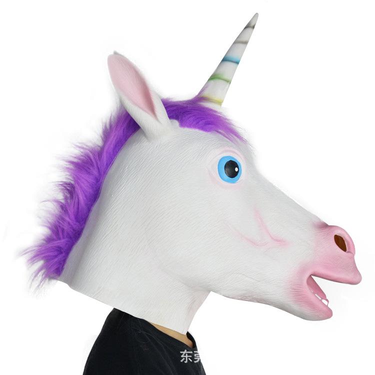 European and American Halloween Party Unicorn Horse Head Mask Daimajun Latex Animal Mask Unicorn（Purple hair）