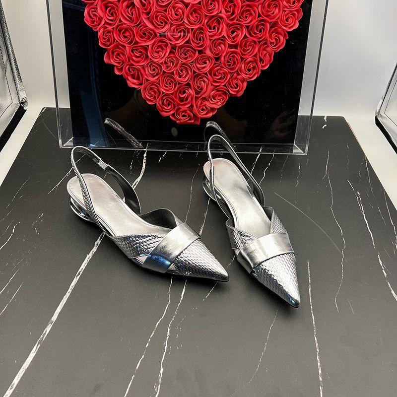 Pantofi de petrecere sexy cu toc mic argintiu cu vârf ascuțit, sandale de damă, design de vară de marcă, pantofi cu slingback casual