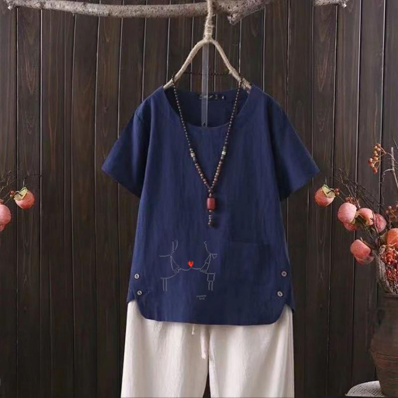 Oversized Linen Shirt, Women's Summer Graphic Tee, Vintage Print Short Sleeve, S-4XL