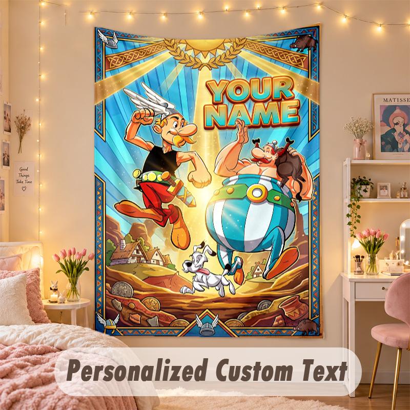 Maßgeschneidigte personalisierte Wandteppich, Asterix & Obelix Druck Benutzerdefinierter Text Name Wandkunst zum Aufhängen für Schlafzimmer
