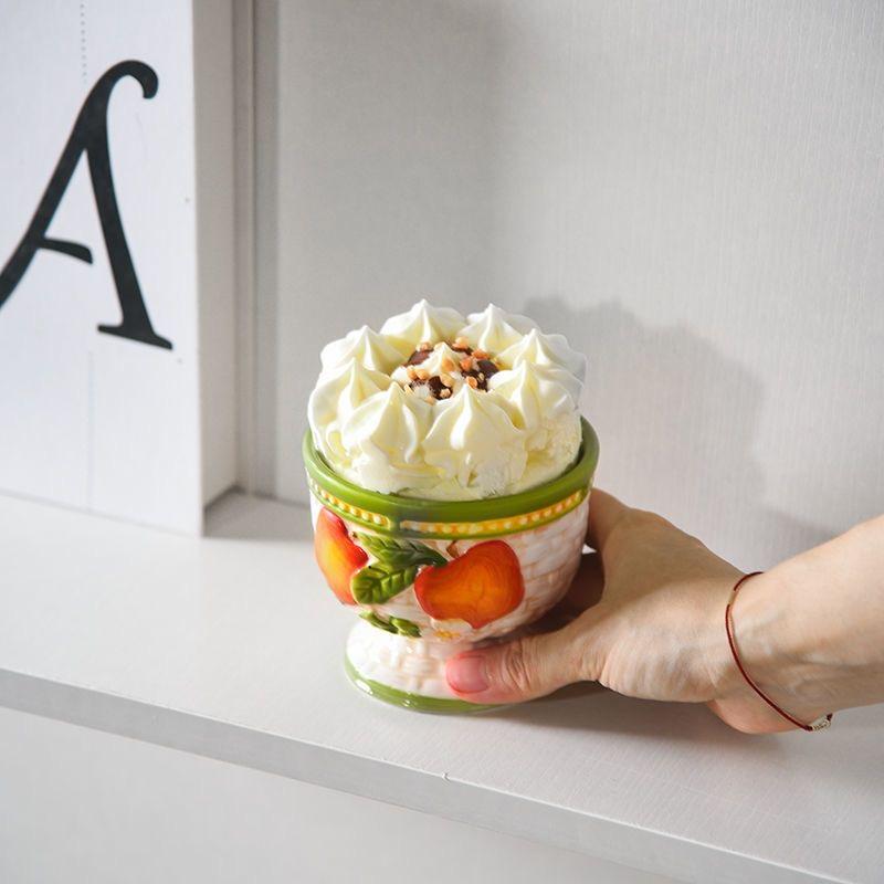 High-Quality Ceramic Dessert Bowl Ice Cream Cup Hand-Painted Embossed Home Use