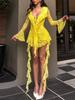 Summer Lace Ruffled Streamer Dress for Women Flare Long Sleeve V Neck Sexy Mini Dress See Through Fashion Elegant Dresses