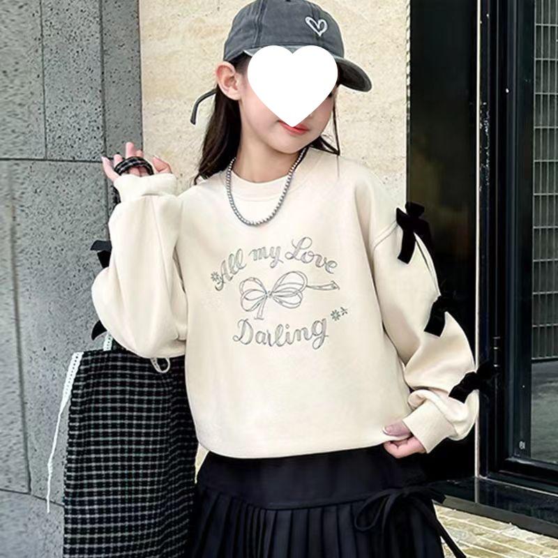 Girls' Bow Sweatshirt - 2025 Autumn, Chic Loose Fit, Korean Style Long Sleeve Top for Spring/Fall.