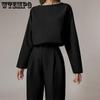 Women Elegant Solid 2 Piece Sets Casual O-Neck Pullover Tops Long Pants Suit Ladies Fashion Loose Outfits Streetwear