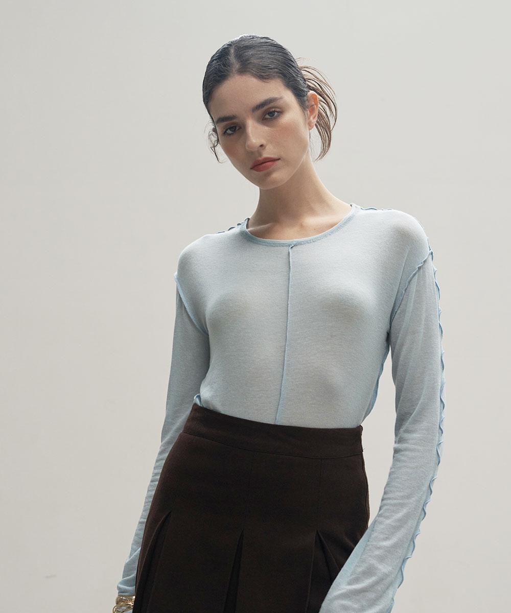 320 Showroom Stitch See-Through Long Sleeve Sky Blue Free