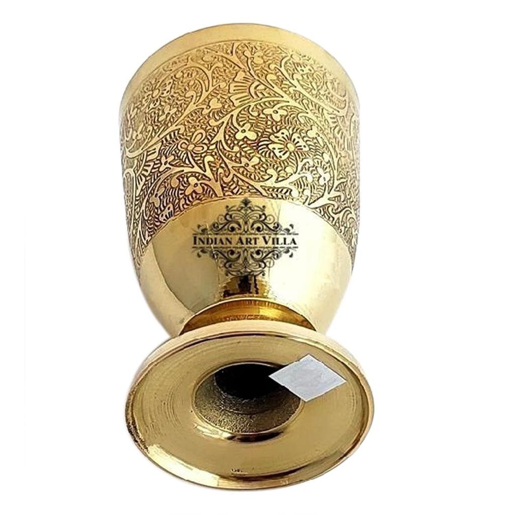 Pure Brass Glass Tumbler with Goblet Design - 350 ml, Embossed, Drinking and Serving Water, Yoga and Ayurveda, 2 Piece