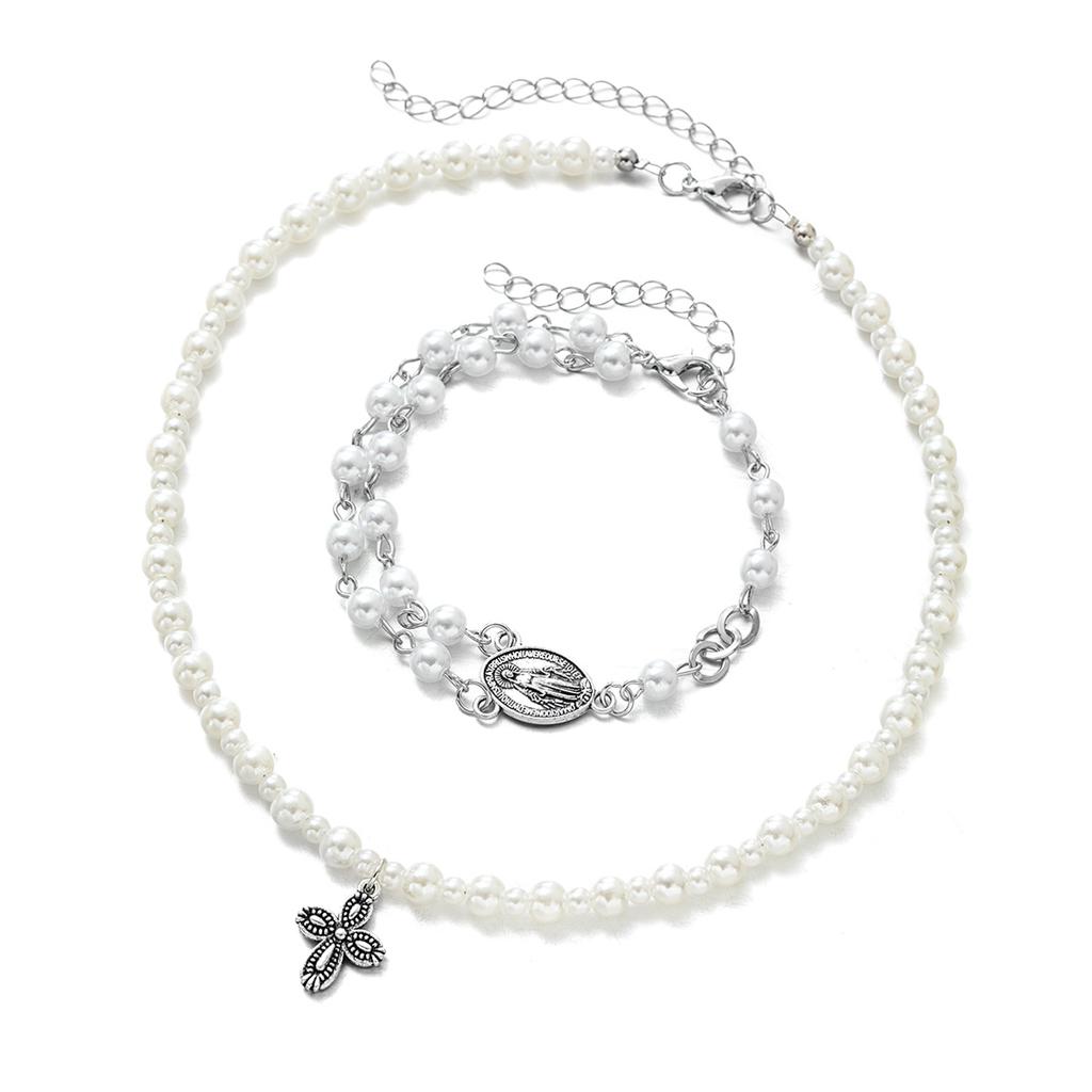 2-piece Ethnic Style Cross Pendant Imitation Pearl Necklace, Jesus Tag Bead Bracelet, Versatile Women's Jewelry Set