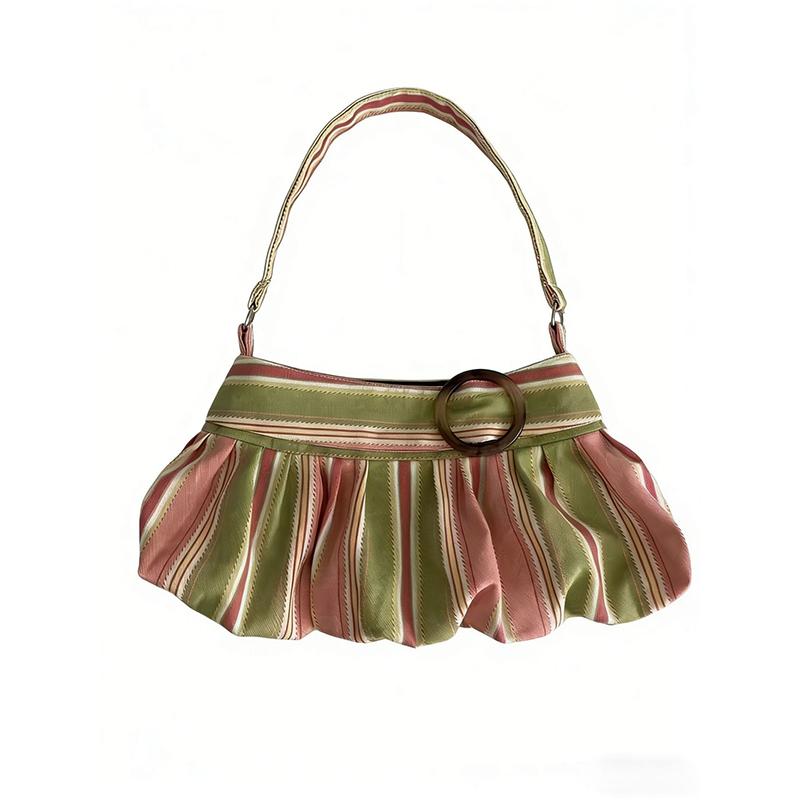 Retro Polka Dot Shoulder Bag Wooden Button Decor Handbag Pleated Design Soft Dumpling Bag Striped Pattern Casual Commuter Bag