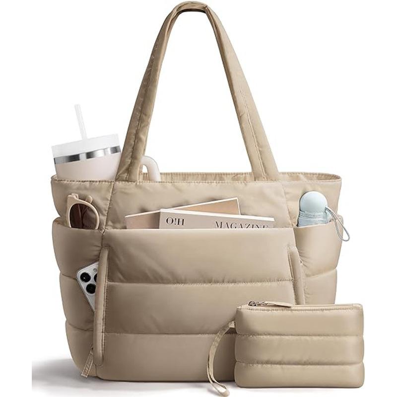 Quilted Shoulder Bag With Matching Purse,Women Multi-Compartment Large Tote Bag Set,Weekender Overnight Travel Work Handbag