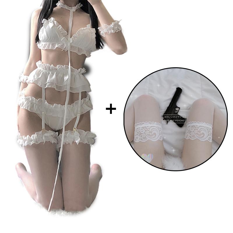 Women Sexy Lingerie Set Cute Ruffles Lace Kawaii Babydoll Soft Girl Black Pajamas Japanese Lolita Cosplay Costumes