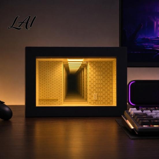 Shop Window Photo Display Wooden Backrooms Style Night Light Infinite Mirror Effect Tabletop Lamp Matte Black Tunnel Vision Decor Dustproof Ambient