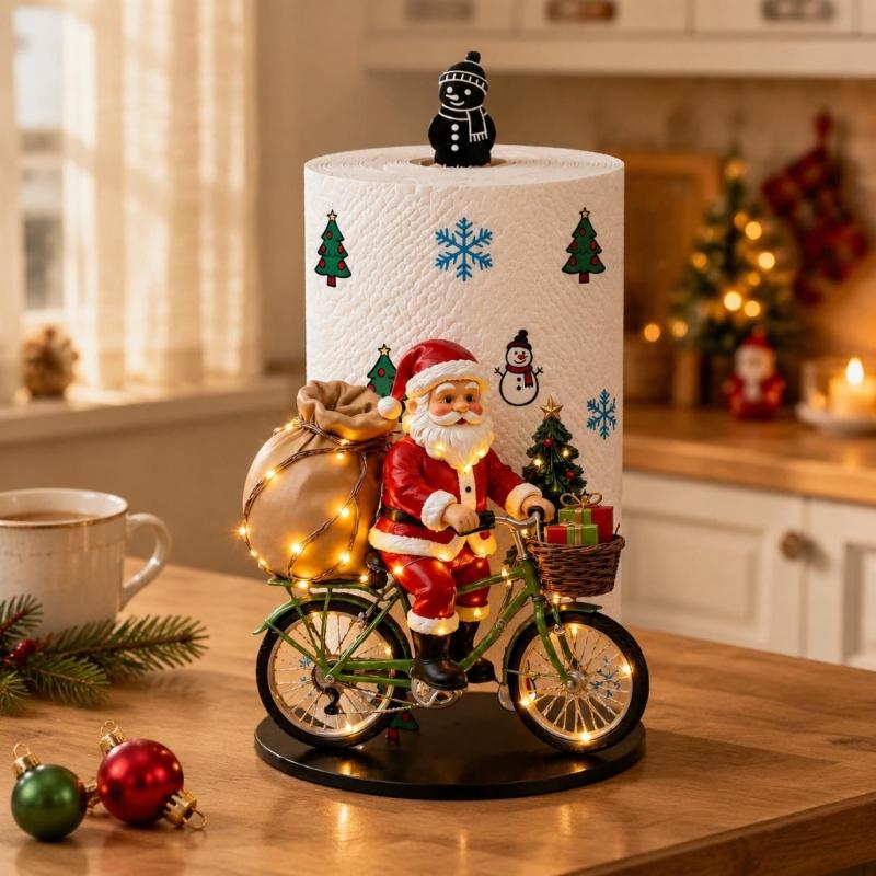 Clear Acrylic Santa Riding a Bike Paper Towel Stand, Integrated No-Assembly Construction with Colorful Christmas Artwork for Dining Tables and Party