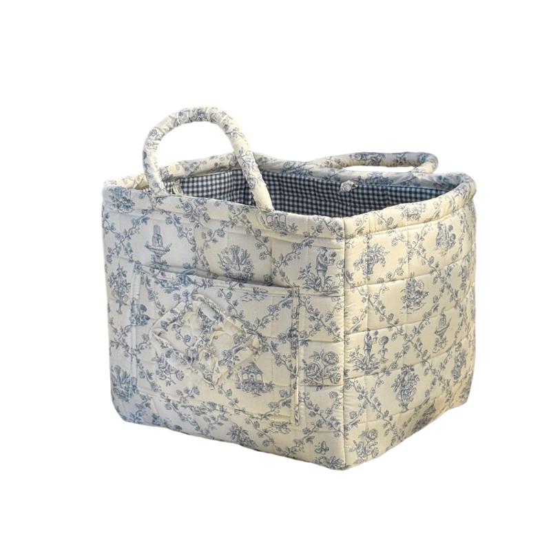 Floral Pattern Quilted Cotton Storage Basket Foldable Lightweight with Handles for Home Laundry Toy Organization