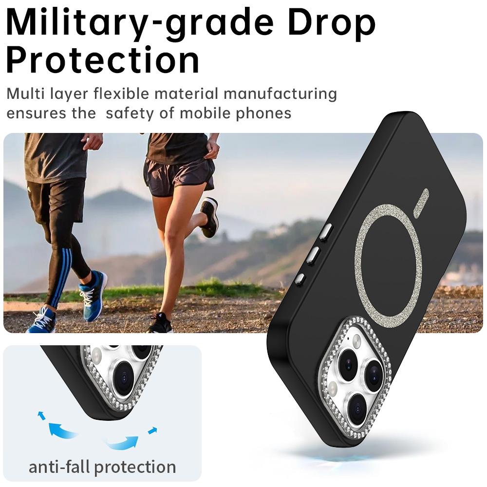 For iPhone 16 Pro Case Compatible with MagSafe TPU+PET Phone Cover with Rhinestone Decor Lens Frame