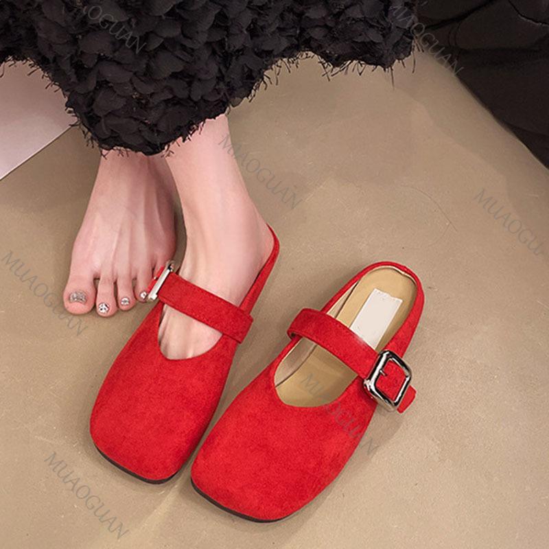 Fashion Spring Retro Single Shoes Comfortable Flat Bottom Ladies Sandals Square Toe Ballerina Style Slippers Casual Solid Mules Slides