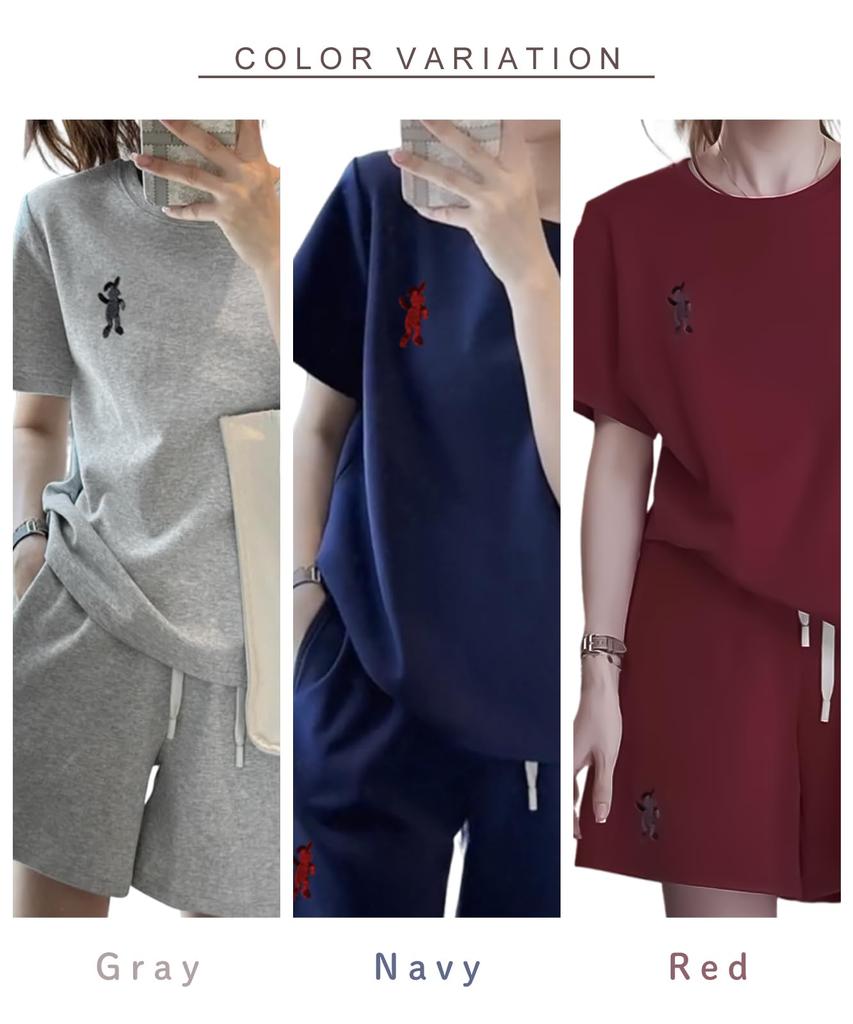 J.STORE Rabbit Logo T-Shirt and Shorts Set, Summer Loungewear, Lightweight, Cute, Women's Sweatshirt, Gray, Size 5S-J16-GYL