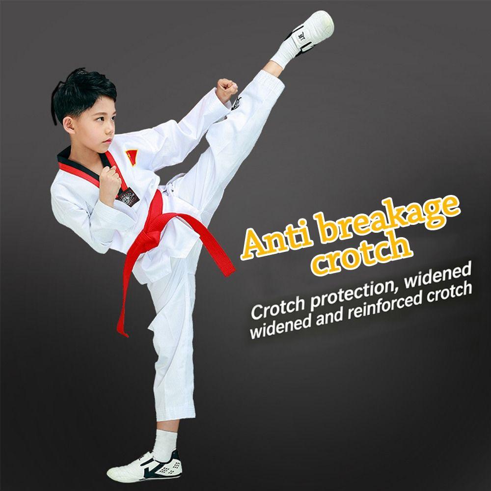 Fashion White TKD Costumes Cotton V-neck Taekwondo Uniforms Breathable Long Sleeve WTF Karate Uniform Boys Girls