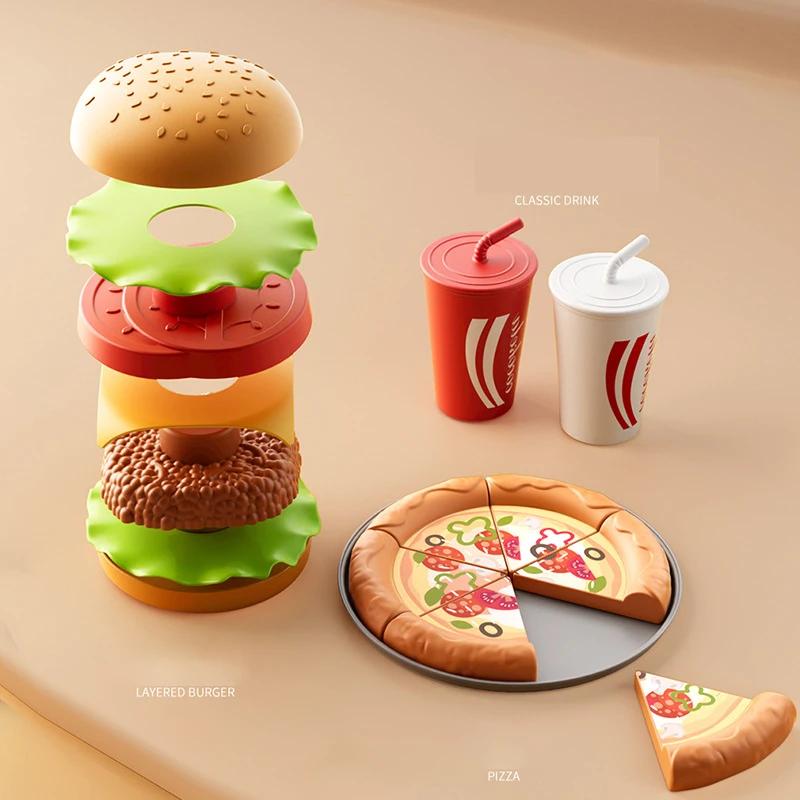 Non-Toxic Kid Kitchen Toy Set Simulation Make Hamburger Pizza Fries Pretend Play Food Cooking Cutting Game Montessori Interactive Toy Gift