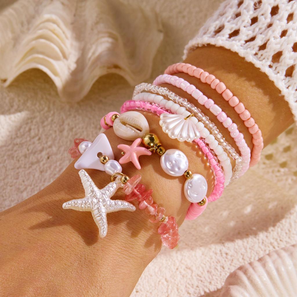 6Pcs Cute Bowknot Heart Bracelet Set For Women Pink Acrylic Beads Imitation Pearl Elastic Bangles Party Daily Sweet Jewelry