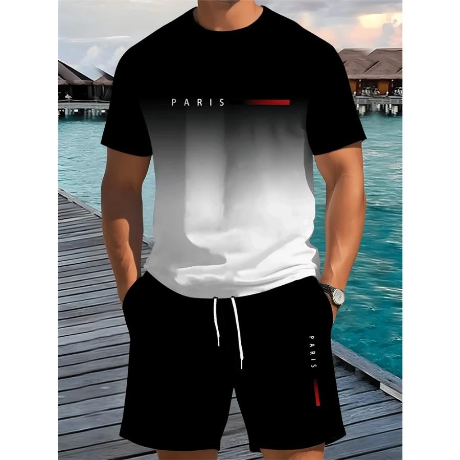 Plus Size Gradient Color Short Sleeve Shorts Set Men's Sports T-shirt Drawstring Shorts 2-piece Set Breathable T Shirt For Man