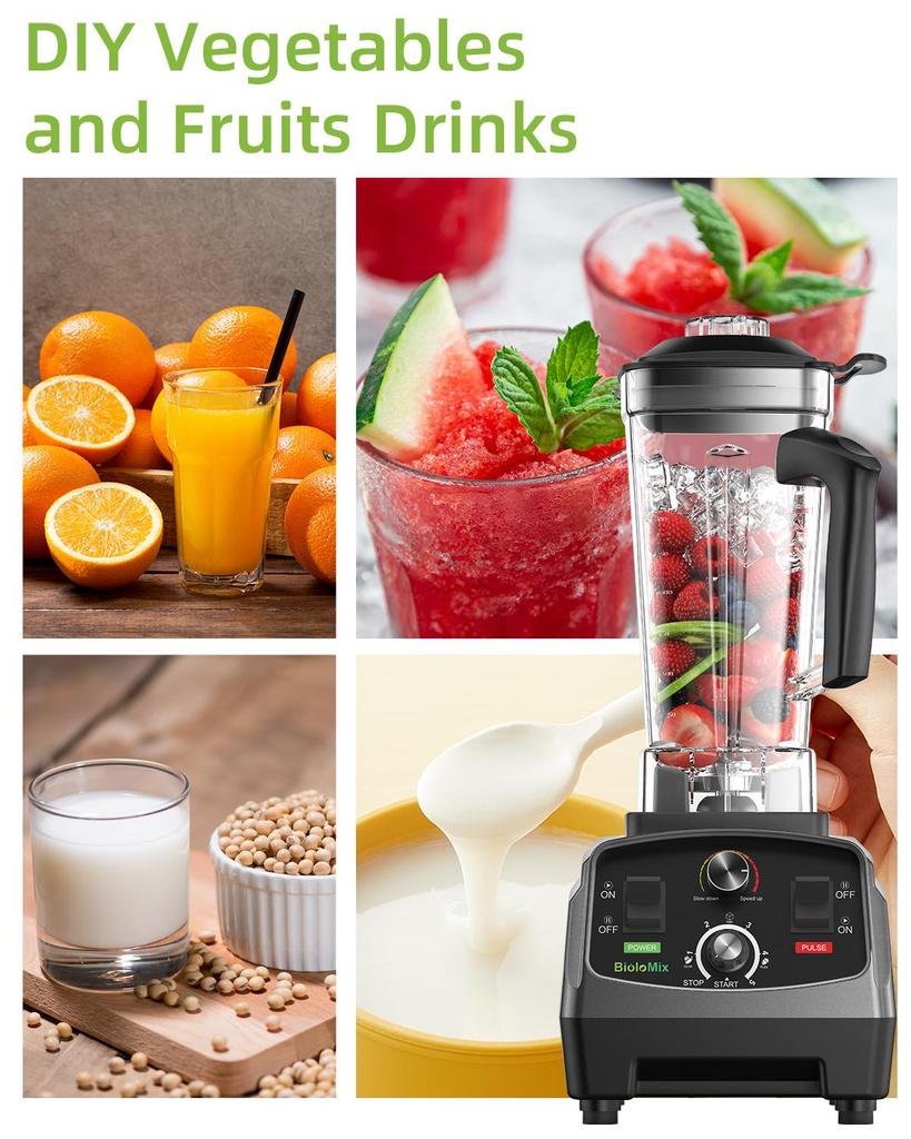 BioloMix T5200 Blender avec Minuterie 2200W Pot de 2L Sans BPA Broyeur de Glace Mixeur à Smoothies