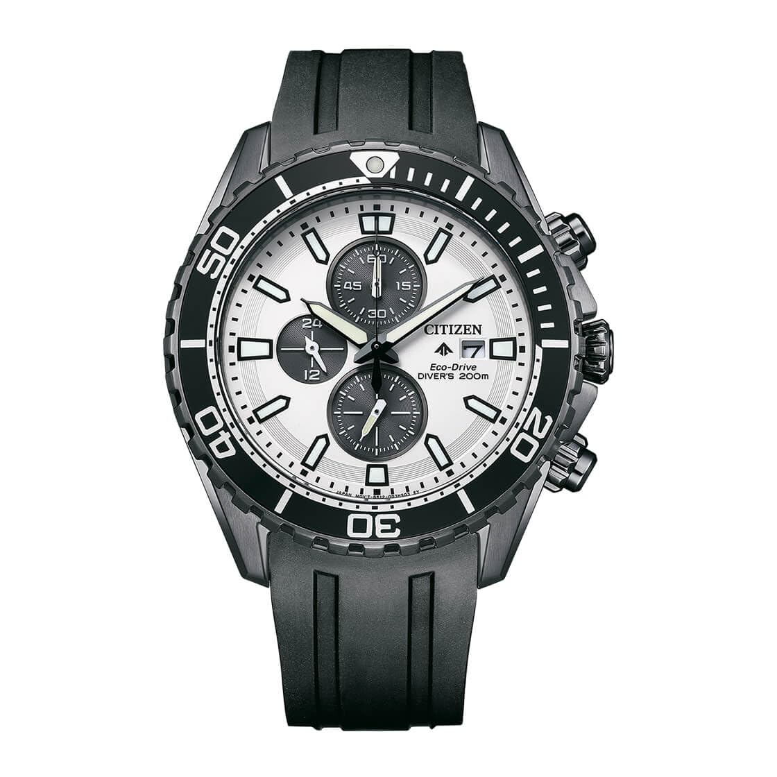 

Citizen Rubber Promaster Marine Chronograph White Dial Analog Watch Black Band Eco-Drive Men s Ca0825-05A, чорний
