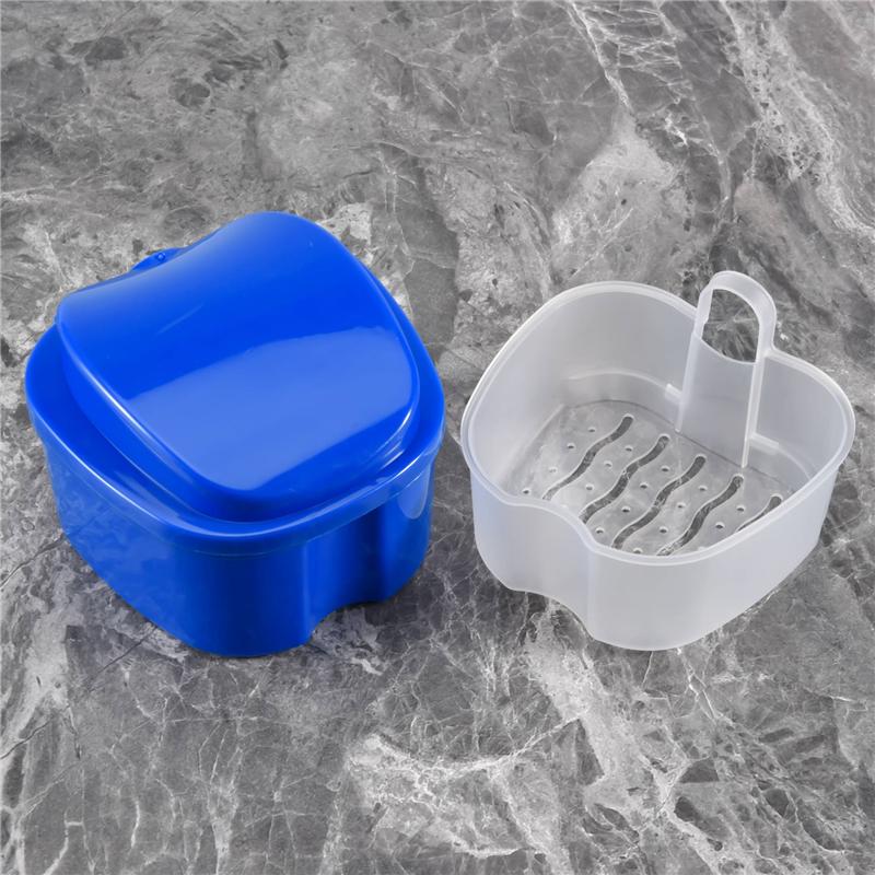 

AD23-Denture Case, Denture Cup With Strainer, Denture Bath Box False Teeth Storage Box With Basket Net Container Holder For Trav темно-синий