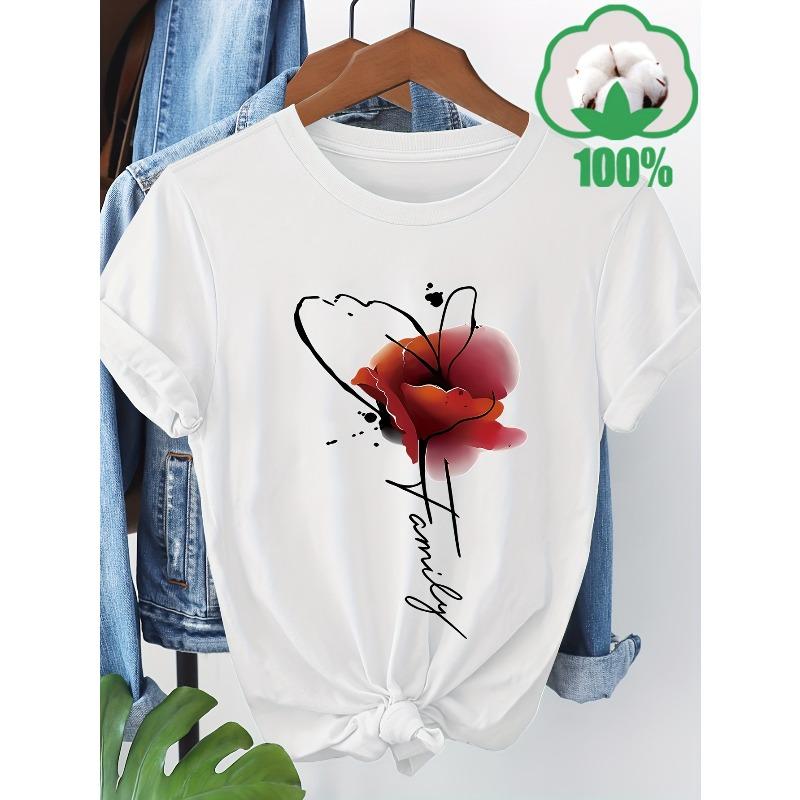 European Size Artistic Floral Pattern Printed  Short-Sleeve T-Shirt, Breathable And Sweat-Absorbing with a Round Neck S белый