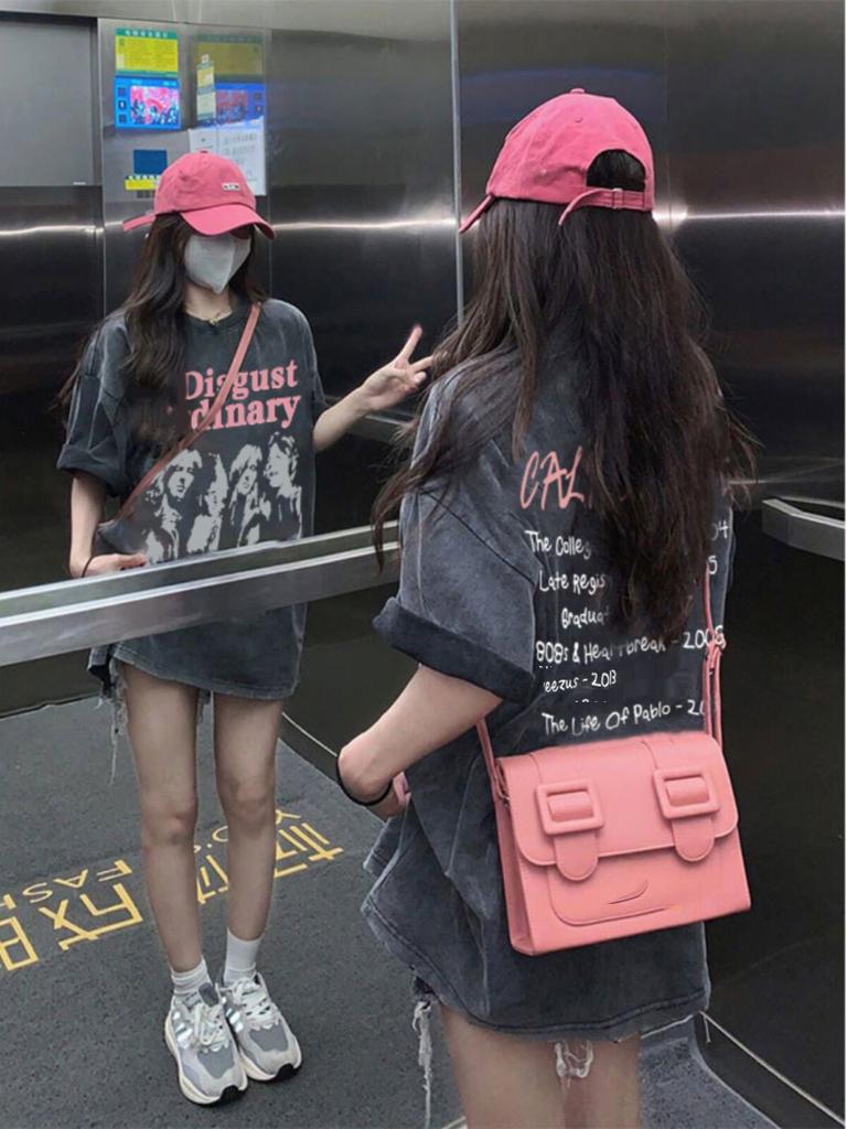 Retro washed cotton t-shirt women's short-sleeved summer American Spice Girl loose and old design sense niche large size top