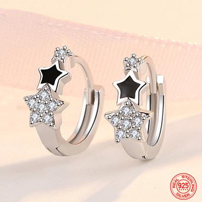 925 Sterling Silver Black Stars Zircon Hoop Earring Women Charm Wedding Jewelry Party Gift