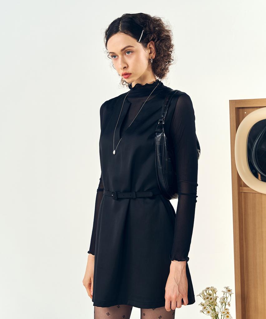 Pelimela Satin V-Neck Mini Dress (Black)